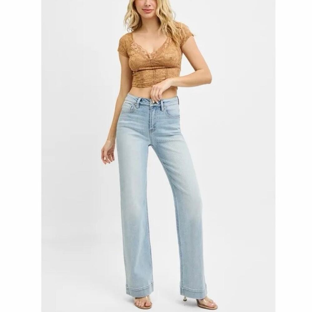 Risen High Rise Straight Leg Jeans Light Wash Raw Hem Size 5/27 Stretch Denim